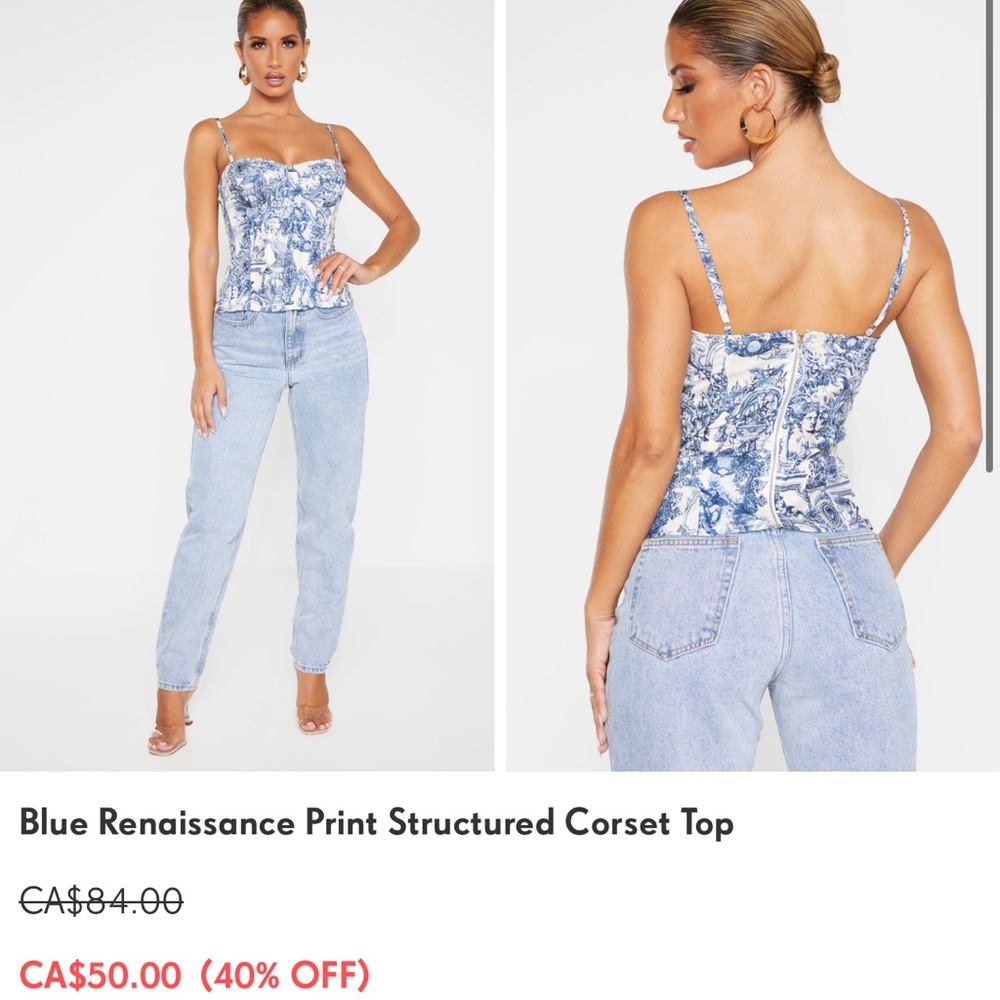 PLT Blue Renaissance Print Structured Corset Top